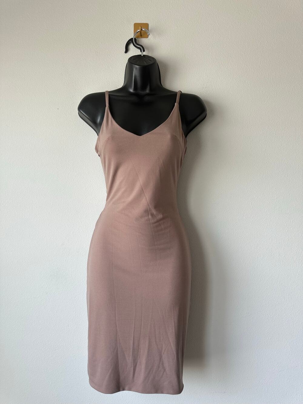 NUDE Mocha Brown Bodycon Midi Dress Spaghetti Strap Low Back Minimalist  S